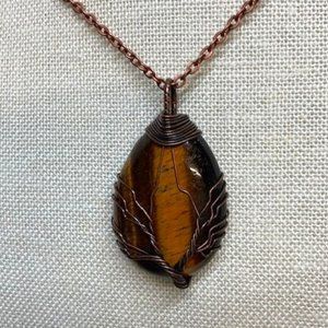 #NL39. 17" Coppertone Chain with Tiger Eye Tree of Life Pendant